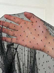 SHEIN EZwear Plus Size Women's Valentines Black Heart Pattern Mesh See-Through Tights, Casual Everyday Wear, Spring Summer