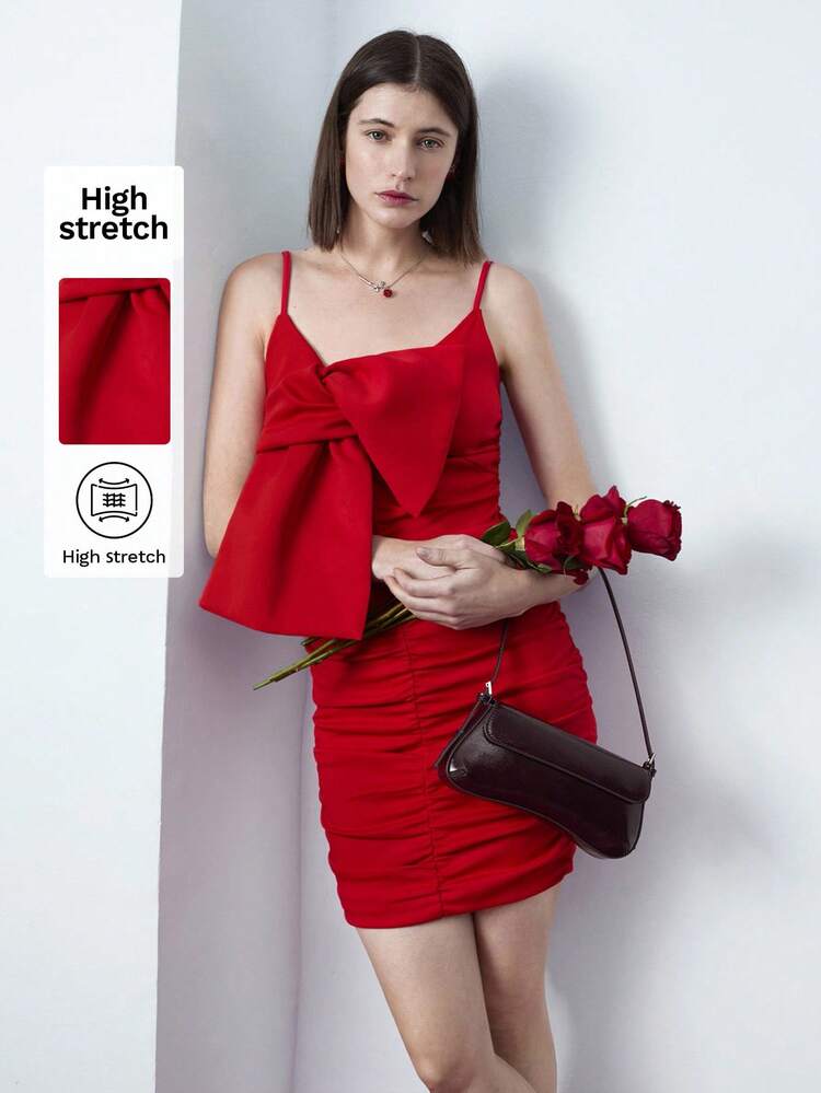 SHEIN Maija Women Spring Season Romantic Elegant Oversized Bow Ruched Decor Camisole Mini Dress
