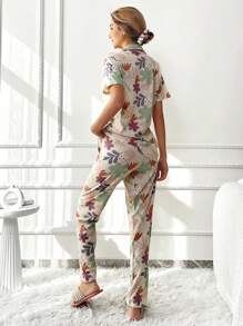 RueChic Cotton 2pcs/Set Women's Flowers Print Detail Homewear Lounge Set - Multicolor - View 2