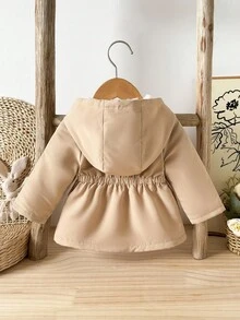 SHEIN Newborn Baby Girl/Boy Casual Versatile Hooded Padded Mid-Length Jacket With Faux Pockets, Autumn/Winter Fall Neutral - Apricot - View 2