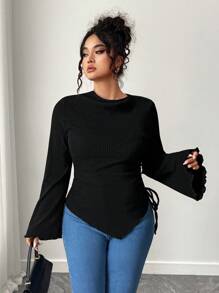 Elenzga Plus Size Women's Solid Color Frill Trim Flare Sleeve Side Drawstring Fashionable T-Shirt Fall Cloth For Women