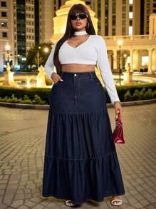 Slaydiva Plus Size Women Loose Fit Casual Denim A-Line Skirt Old Money Elegant Autumn Dark Blue Denim Skirt - Dark Wash - View 1