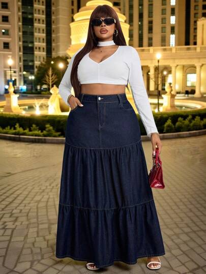 Slaydiva Plus Size Women Loose Fit Casual Denim A-Line Skirt Old Money Elegant Autumn Dark Blue Denim Skirt