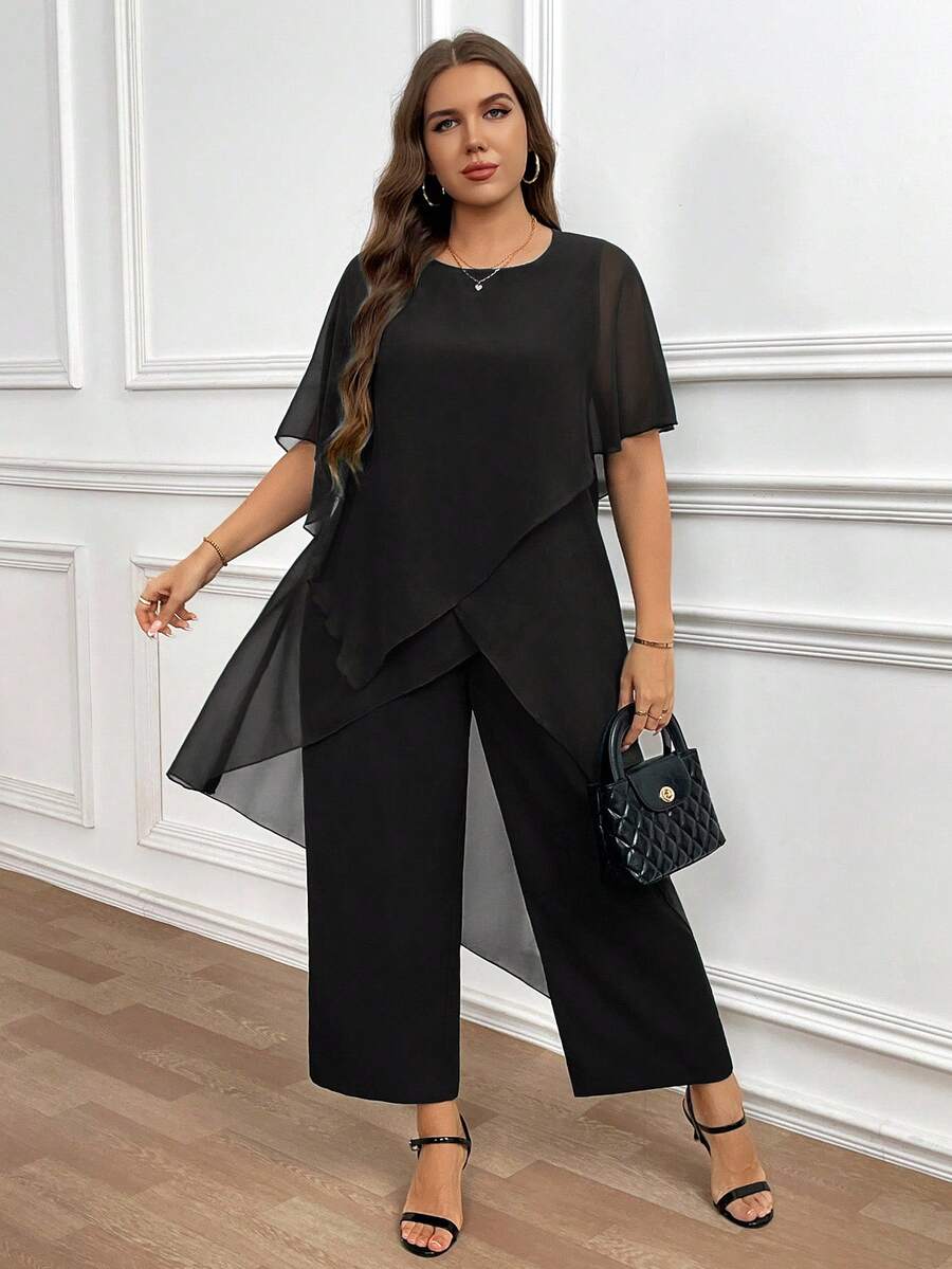 SHEIN Clasi Plus Size Elegant Commuter Solid Color Asymmetric Hem Top And Pants 2 Pieces Set,Fall Clothes For Women - Black - View 1