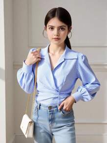 SHEIN Tween Girl Casual Vintage Retro Blue And White Striped Collar Ruched Asymmetrical Hem Woven Shirt, Back To School Striped Blue Shirt Blue Striped Shirt Blue And White Striped Shirt Baby Blue Striped Shirt Tween Girl Striped Blouse Fall Winter - Blue - View 8