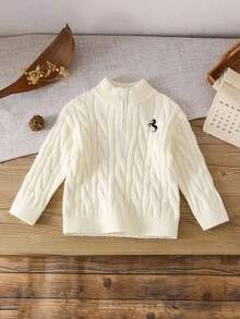 圆领长袖简约半拉链刺绣长款毛衣 - 白色 - 查看 1