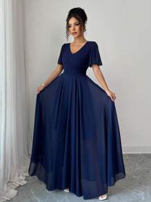 Elenzga Ruffled Sleeve Waist Cinched V-Neck A-Line Minimalist Elegant Romantic Sophisticated Women Dress - Navy Blue - View 5