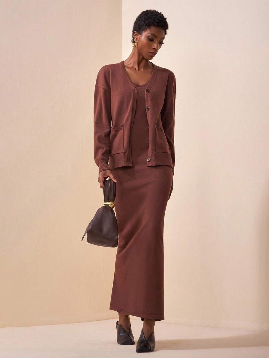 Zivah Women's Coffee Brown Autumn Elegant Brunch Two Pieces Set,Loose Long Sleeve Cardigan Sweater Jacket & Vest Slim Long Dress,Casual Commuter Knitwear - Brown - View 1