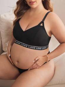 SHEIN BloomMama Plus Size Letter Knit Band Comfortable Front Opening Maternity Nursing Bra