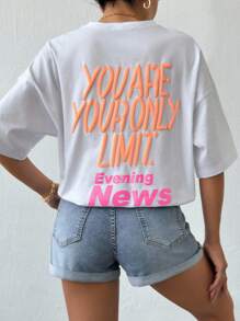 EURMUSE 女士 100% 纯棉标语图案宽松 T 恤