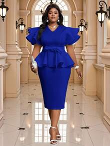 Fleurora 春夏优雅朴素派对婚礼鸡尾酒会情人节音乐会/音乐节海军蓝针织 V 领荷叶边袖腰带荷叶边下摆中长无袖大码套装女士音乐会服装女士教堂服装女士节日服装女士优雅服装生日服装全白派对服装女士节日服装节日服装婚礼宾客服装 - 寶藍色 - 查看 5