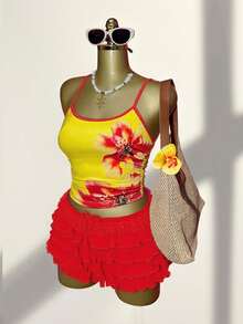 Slaydiva 2件套2025春夏新款音乐节、复活节、节日、西部、游牧风风格、适合生日、毕业典礼、休闲外出、百搭搭配、休闲、度假、邮轮旅行、海滩、日光浴、休闲、街头风花卉细肩带上衣和多层荷叶边下摆迷你裙套装 - 彩色 - 查看 2