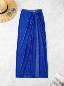 SHEIN Swim Navy Blue See-Through High Slit Sexy Beach Sarong Skirt Summer - Royal Blue - View 1