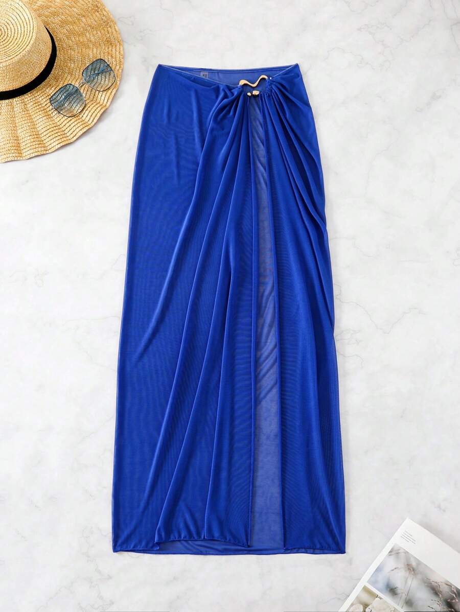 SHEIN Swim Navy Blue See-Through High Slit Sexy Beach Sarong Skirt Summer - Royal Blue - View 1