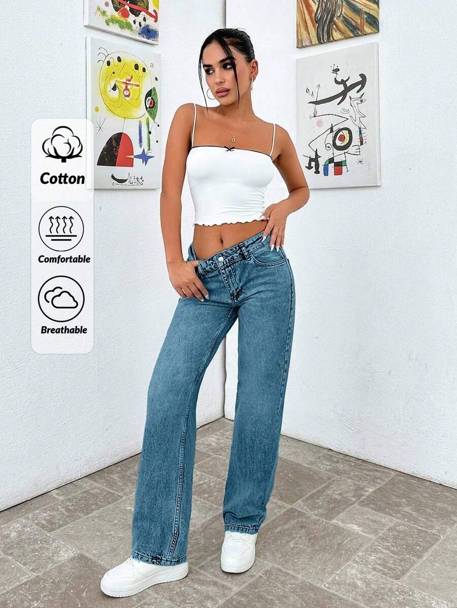 EURMUSE Petite Low Waist Snow Wash Straight Jean - Light Wash - View 1