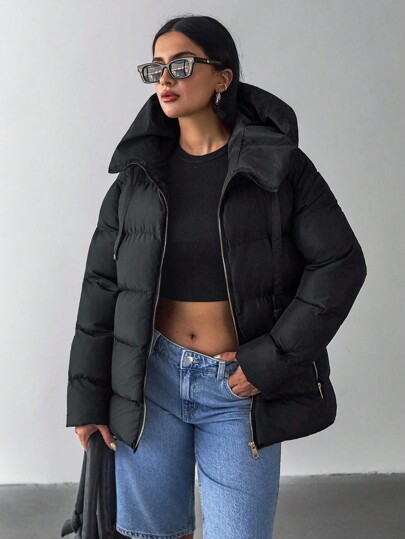 EURMUSE Black Hooded Puffer Jacket: Regular Fit, Perfect For Urban Daily Wear Or Weekend Outdoor Activities, Made Of Lightweight Water-Repellent Fabric And Soft Insulated Padding For Warmth And Comfort Womens Puffer Jacket Black Puffer Jacket Black Jacket Women Puffer Coat Black Crop Jacket Outerwear Women Plus Size Jackets Cropped Puffer Jacket