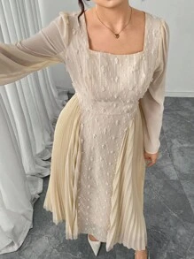 Modelyn 大码优雅通勤拼色褶皱拼接连衣裙 - 杏色 - 查看 8