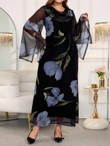 Gownix Plus Size Elegant Floral Print Fitted Black,Autumn,Elegant,Formal,Evening,Formal Maxi Dress,Long Sleeve Fall Winter Clothes For Women,Party - Multicolor - View 4