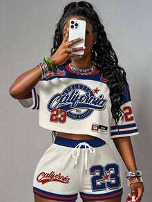 Slaydiva 女式休闲拼色字母和数字印花 T 恤和短裤两件套，夏季 - 彩色 - 查看 3