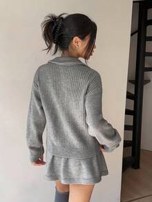 Siren Gaze Conjunto casual de 2 piezas de mujer con cárdigan de manga larga con hombros caídos y cremallera frontal, y falda midi de punto para otoño e invierno