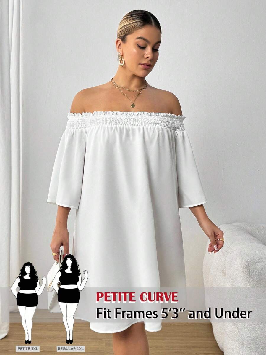 SHEIN PETITE CURVE Plus Size Casual Loose Daily Versatile Solid Color Off-Shoulder Dress - White - View 1