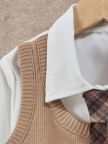 SHEIN Casuvi Kids 2pcs Young Girls Knitted Vest Shirt Combo With Vintage Plaid Pleated Skirt, Fashionable Outfit For Daily, School, Commute Girls School Uniform Outfit Plaid Skirt Outfit Toddler Back To School Outfit Toddler First Day Of School Outfit Girl Cute Toddler School Outfits Fall Winter - Multicolor - View 3