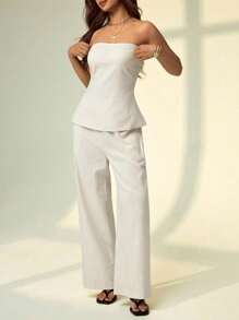 SHEIN PETITE Bộ 2 áo liền quần màu trơn đơn giản cho nữ - Màu Khaki - Xem 1