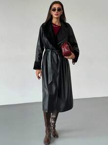 Aloruh Veste de mode régulière en PU à manches longues avec col  patchwork pour l'automne/l'hiver pour femmes - Noir - Voir 3