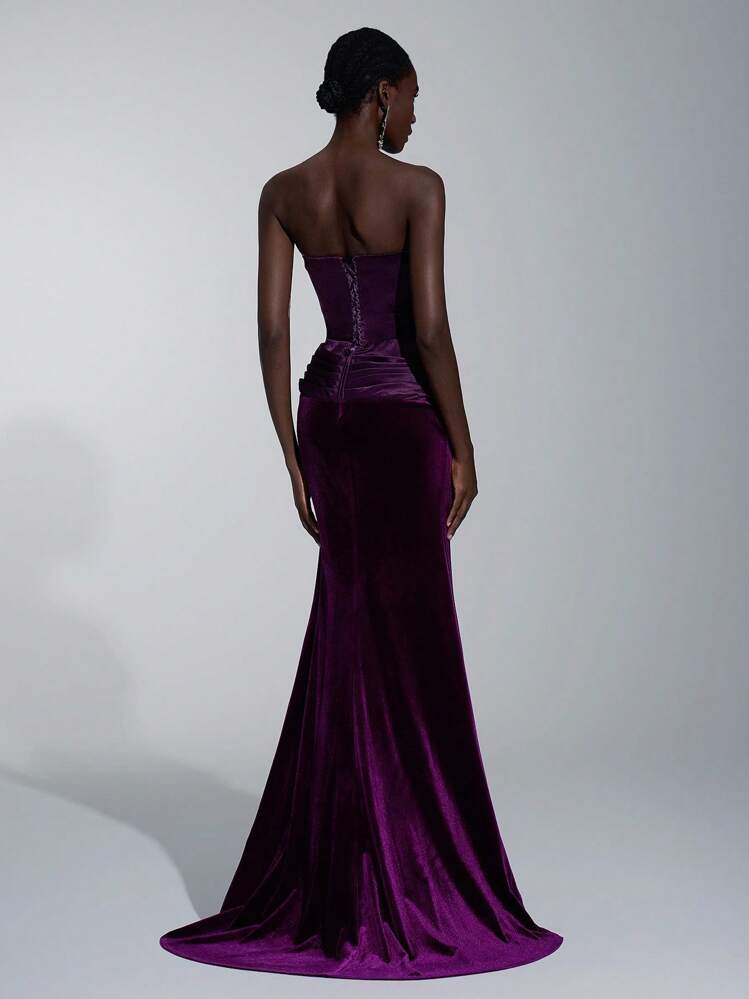 Elitara Elegante e semplice abito da sera in velluto viola scuro con inserti in raso di lusso, scollo asimmetrico, coda di pesce e gonna plissettata, adatto per occasioni formali delle donne - Viola - Visualizzare 4