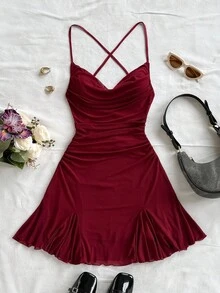 Soleia 大码女式度假细肩带迷你连衣裙，垂坠领口，露背，蝴蝶结，鱼尾，性感风格，迷你连衣裙，茶歇，购物，浪漫，约会，海滩装，网眼，年轻，少女 - 酒紅色 - 查看 7