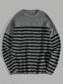 EURMUSE Men Striped Rib Knit Crew Neck High Quality Regular Sweater - Dark Grey - View 2