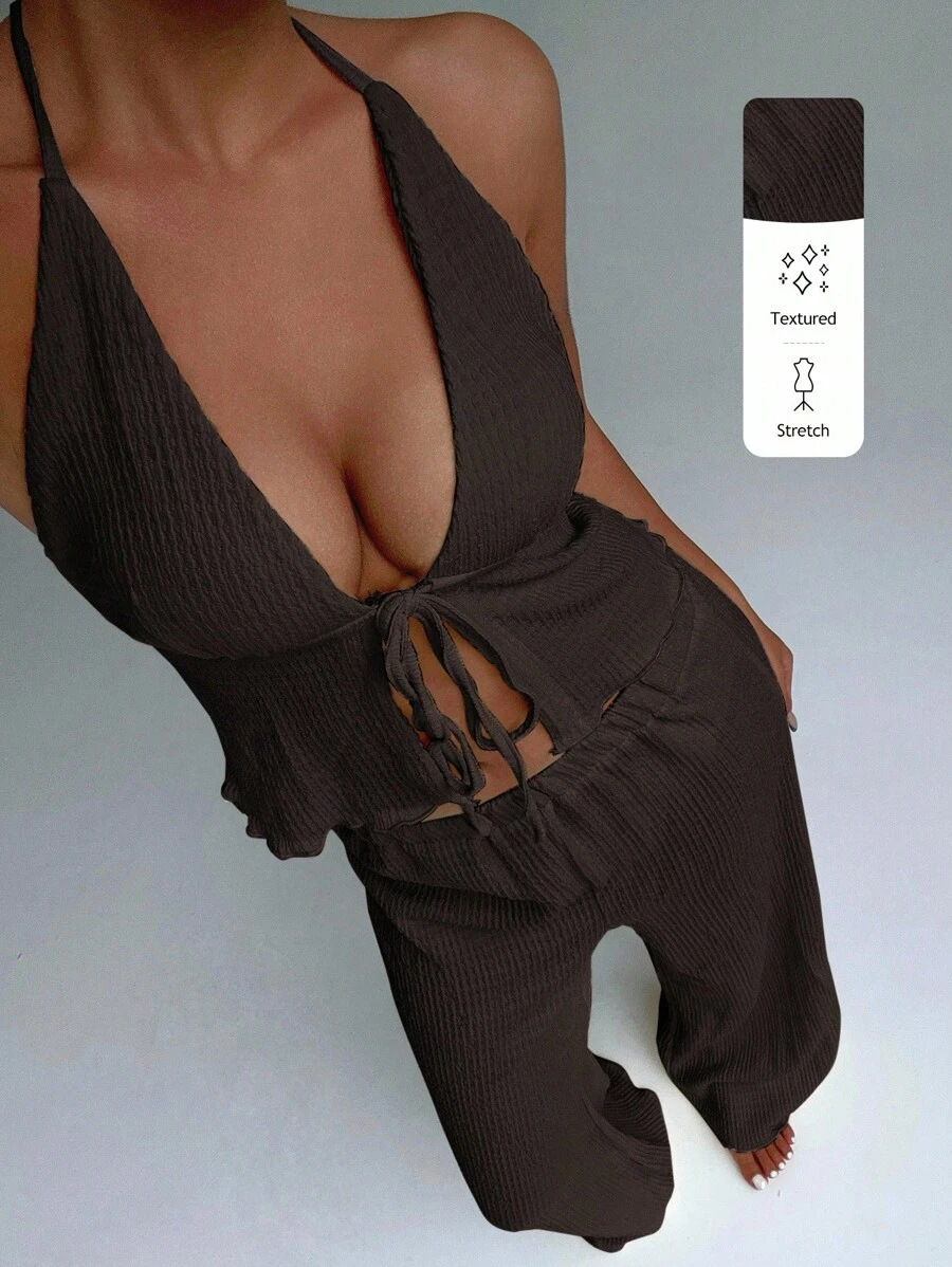 FavEase Women's Sexy Textured Pleated Halter Camisole And Wide Leg Loose Pants Set, Summer - Brown - View 1