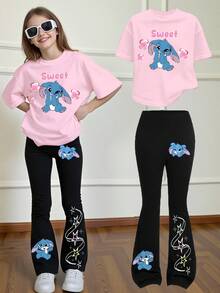 2pcs Girls Casual Outfit Set: Pink T-Shirt With Black Flare Pants, Featuring Cute Blue Rabbit, Floral, Heart, And Slogan Graphic Prints Tween Teen Girl Pants Set Girls Legging Sets Tween Leggings Set Tween Girls Flare Pants Flare Pants Set Kids