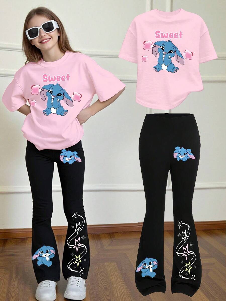 2pcs Girls Casual Outfit Set: Pink T-Shirt With Black Flare Pants, Featuring Cute Blue Rabbit, Floral, Heart, And Slogan Graphic Prints Tween Teen Girl Pants Set Girls Legging Sets Tween Leggings Set Tween Girls Flare Pants Flare Pants Set Kids
