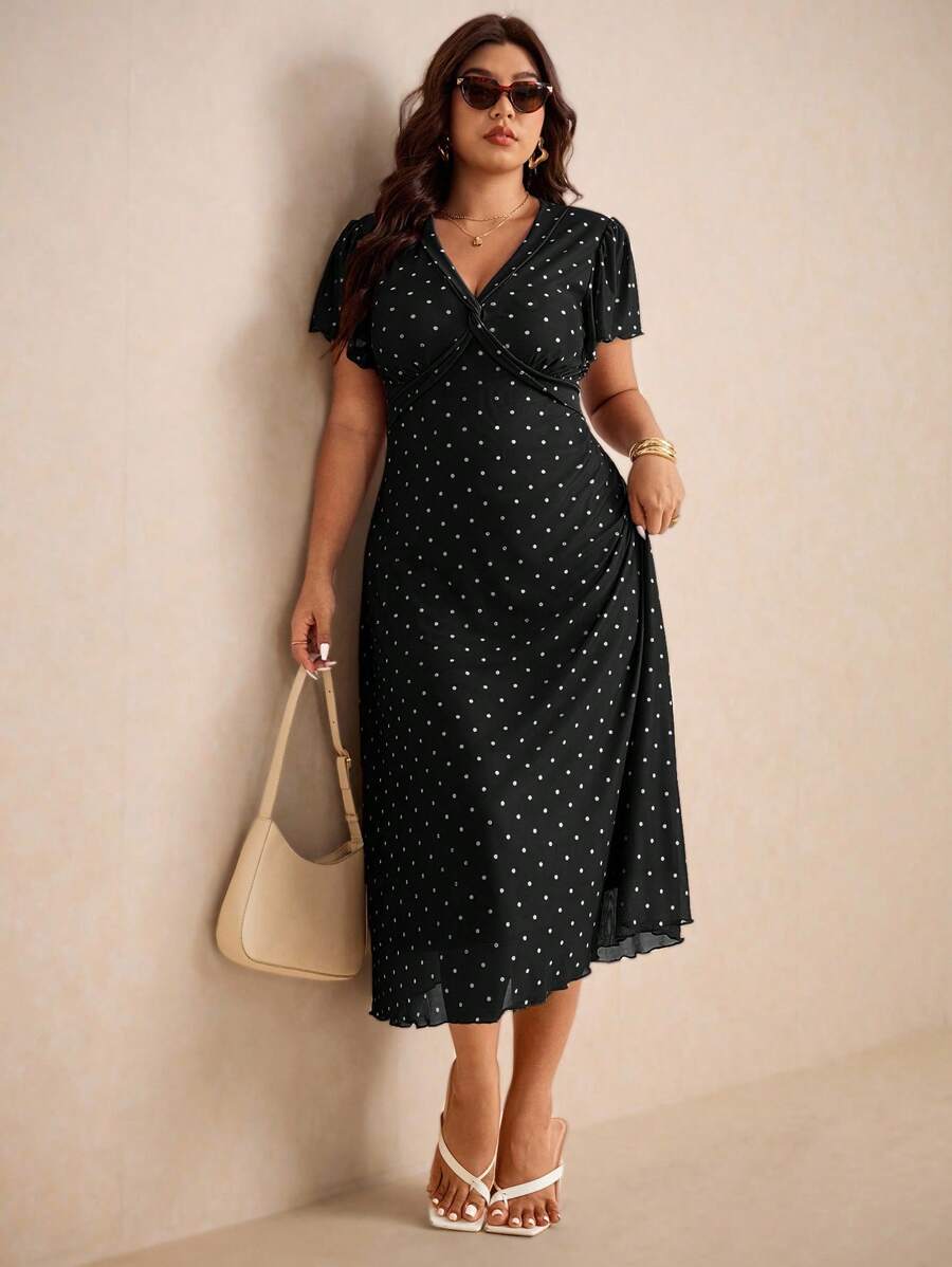 Elaquor Váy maxi chấm bi cổ chữ V xoắn lãng mạn tối giản cổ điển cỡ lớn dành cho nữ, mùa hè - màu đen - Xem 1