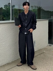 DAZY 海军蓝男士长袖单排扣棒球领夹克和裤子休闲牛仔套装，秋季