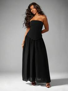 MISSGUIDED 无肩带高腰超长晚礼服正式拖地舞会礼服伴娘场合婚礼宾客派对舞会礼服，配有合身胸衣和飘逸雪纺裙 - 黑色 - 查看 1