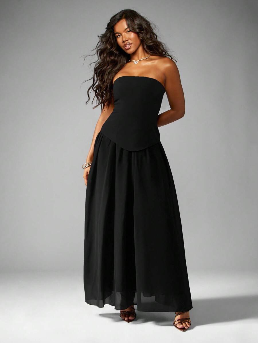 MISSGUIDED 无肩带高腰超长晚礼服正式拖地舞会礼服伴娘场合婚礼宾客派对舞会礼服，配有合身胸衣和飘逸雪纺裙 - 黑色 - 查看 1