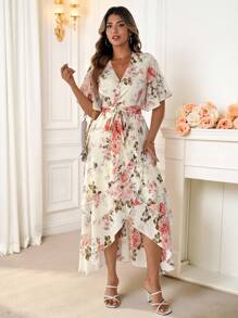 Reflora Curve Plus Size Women's Romantic Casual Daily Lotus Leaf Short Sleeve V-Neck Waist Tie Waist A-Line Ruffle Asymmetrical Hem Printed Long Dress,Floral Dress Women - Pink - View 4