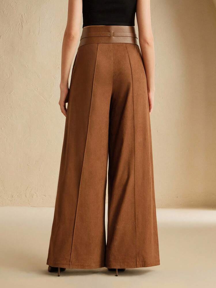Women's High Waist Faux Suede Pockets Pants With Metal Belt, Pumpkin Brown, Suitable For Halloween
