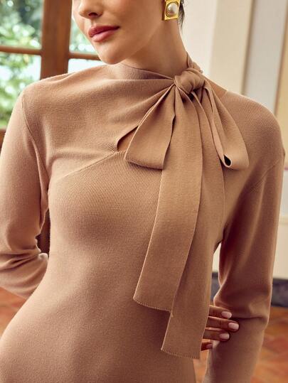 ZEYLAH 女式纯色系带领长袖修身优雅针织连衣裙