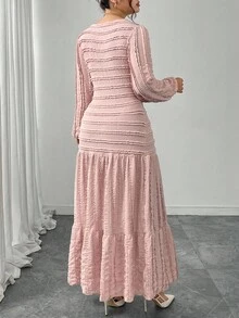 Modelyn 女式针织长袖开衩领口加大码荷叶边下摆连衣裙 - 藕粉色 - 查看 2