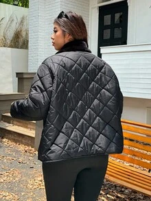SHEIN EZwear 大码女式纯色羊毛翻领长袖休闲冬季夹克 - 黑色 - 查看 2
