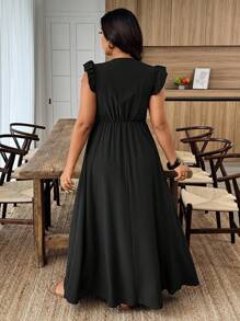 Weeklong 大码纯色深V领盖袖优雅连衣裙 - 黑色 - 查看 2