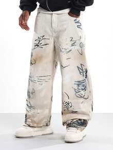 SUMWON 白色牛仔裤涂鸦艺术印花宽腿超大街头风格时尚裤手绘抽象设计艺术街头时尚秋冬