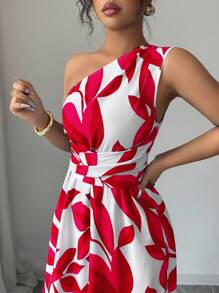 Elenzga Women's Fashion All-Over Print Slit Dress With Cinched Waist And One Shoulder - Red - View 4
