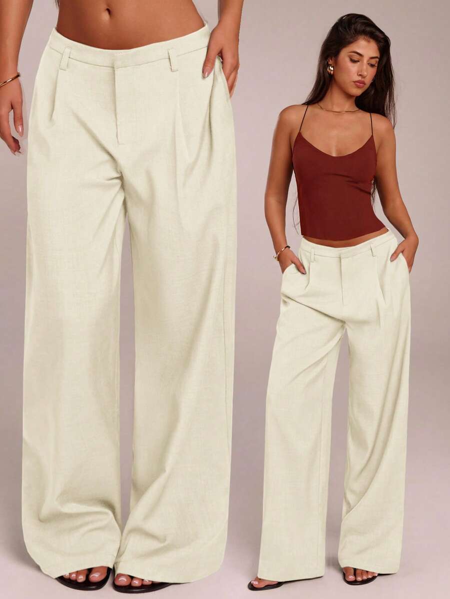 SHEIN Forever 21 女士裤子商务休闲女士西装女士阔腿裤办公室女士服装宽松裤职业女性服装办公室服装灰色 - 杏色 - 查看 1