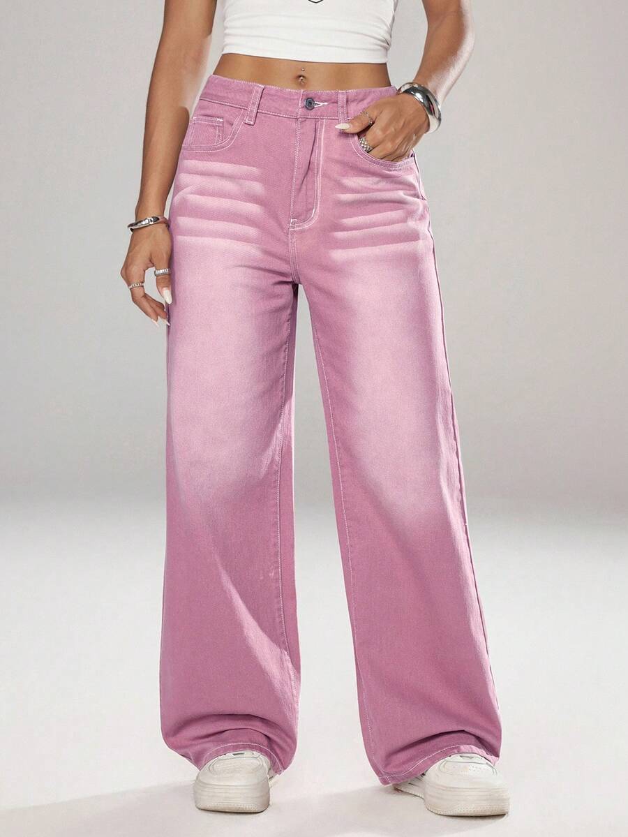 Jeanoix 休闲水洗宽松直筒牛仔裤 - 紅色 - 查看 1