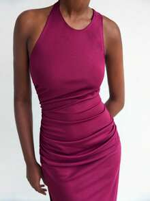 Maija Váy xẻ tà hở lưng màu trơn gợi cảm cho nữ, mùa hè - Màu tím - Xem 4