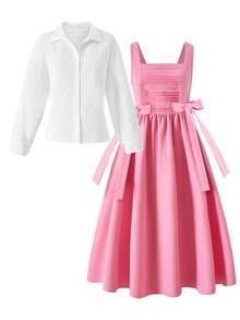 SHEIN Teenager Mädchen Lässiges, süßes & elegantes Hemdkleid Set, mit plissiertem Design an der Brust und Schleife an der Taille, Kragen Hemd, geeignet für Einkaufen, Ausgehen, Spazierengehen und Schule - Pink - Übersicht 3